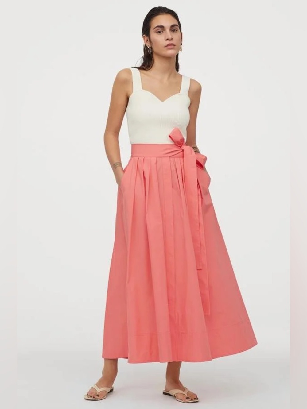 NEW H&M Coral Pink Cotton Flared Midi Skirt